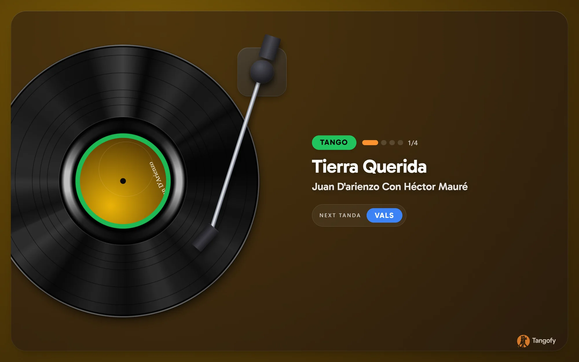 Schermo ballerini: giradischi con il disco in rotazione, tanda di tango 1 di 4 e prossima tanda vals