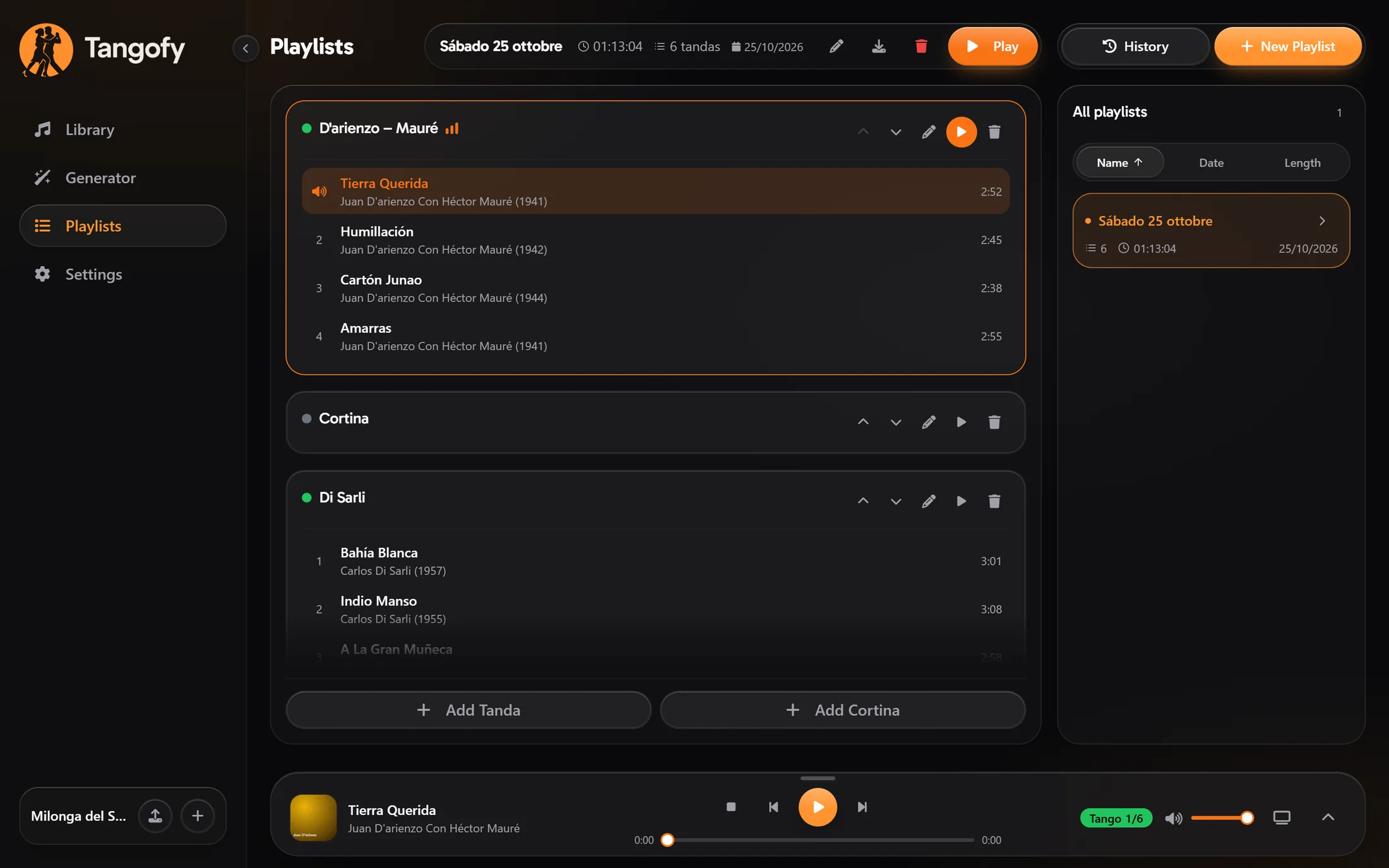Tangofy: la pagina Playlists con una tanda di D'Arienzo in riproduzione